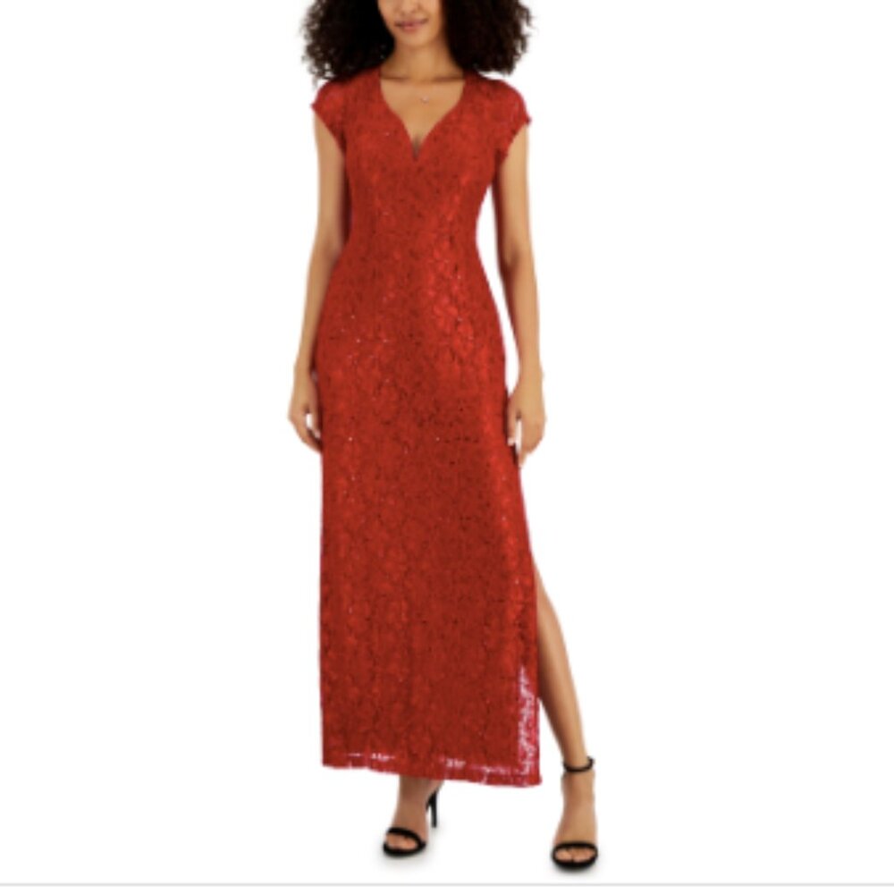 Connected Women's Sequined-Lace Maxi Dress - Red